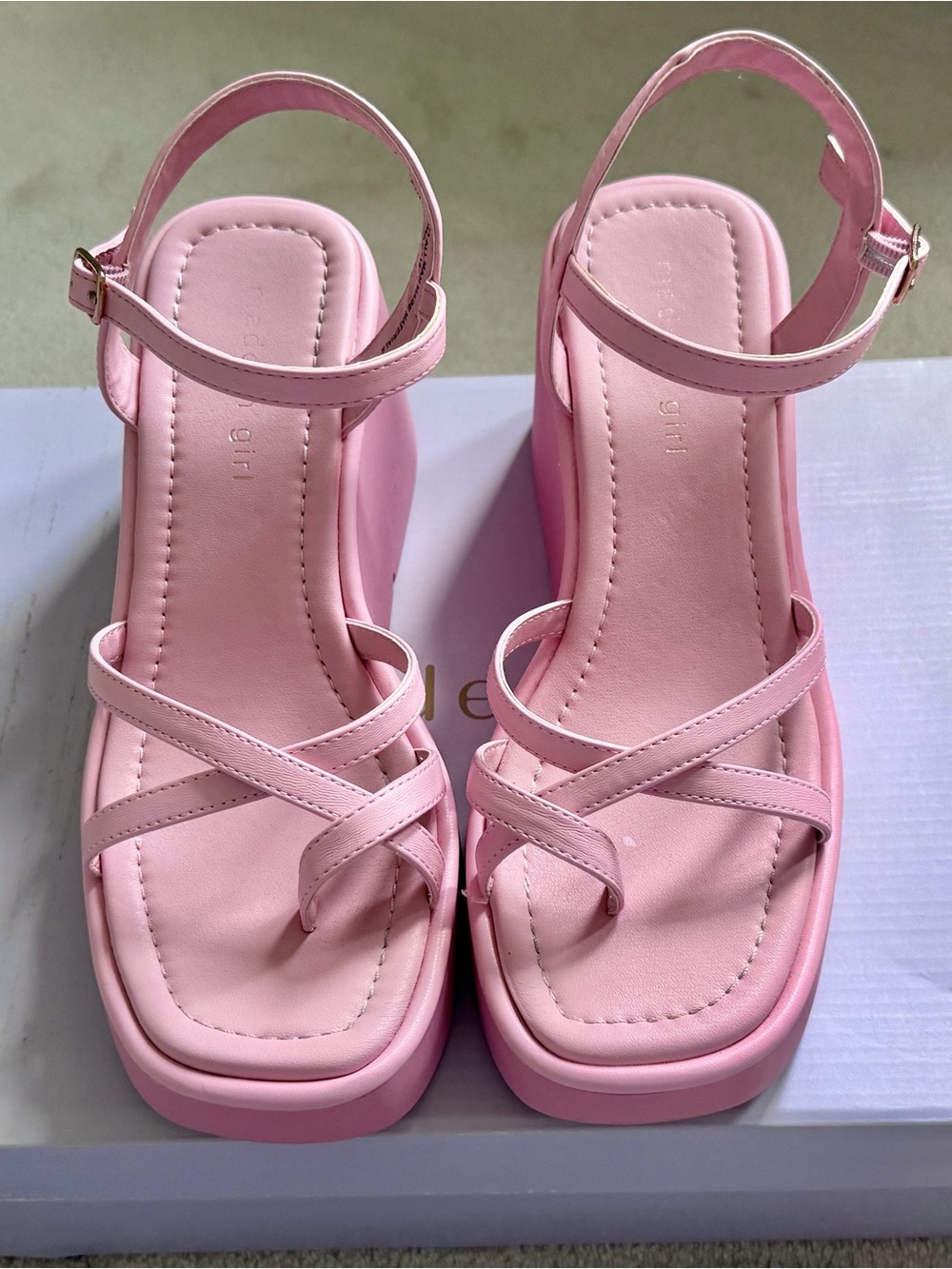 Madden Girl Women’s Pink 1-1/2” Platform Strappy Square Toe Wedge Sandals - Picture 2 of 6